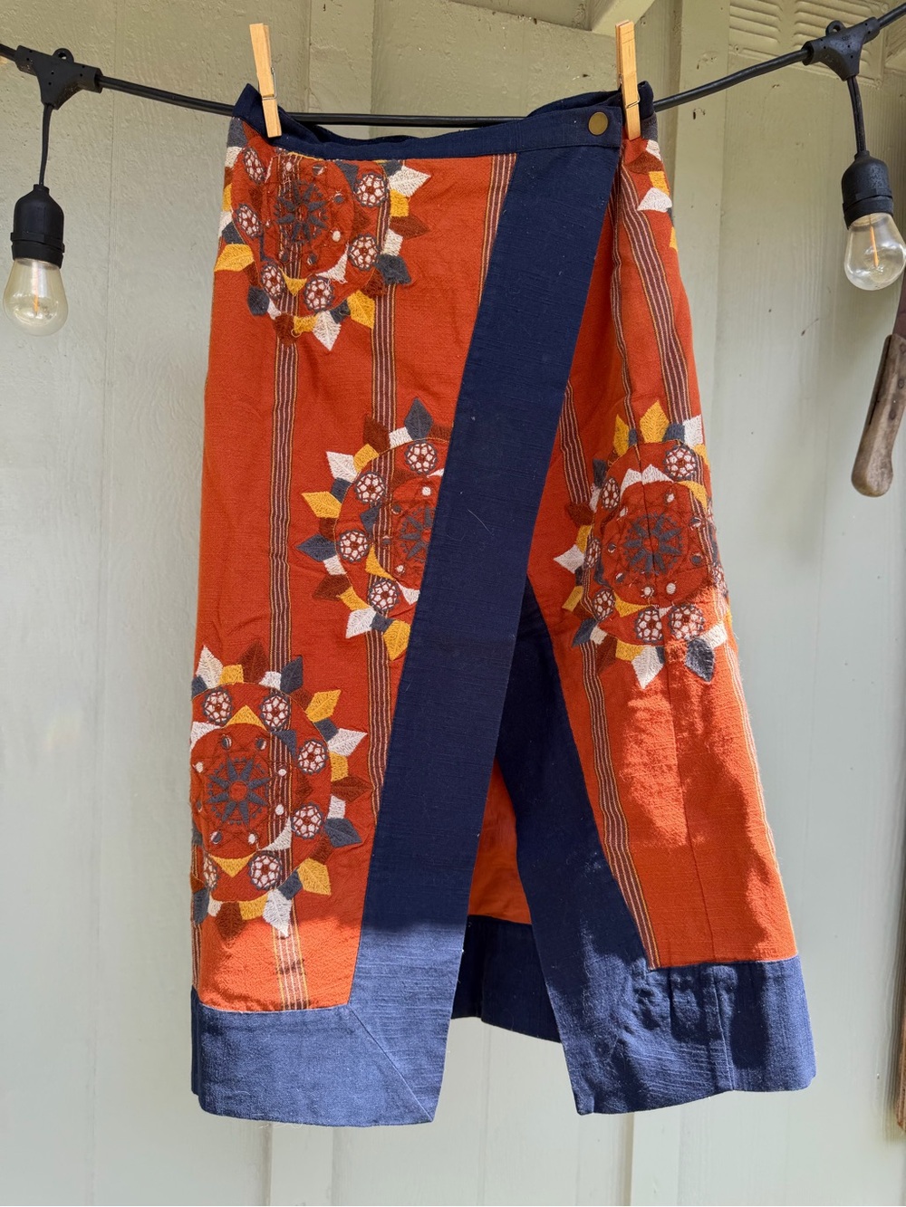Free People Rust and Navy Wrap Midi Skirt with Sunburst Embroidery